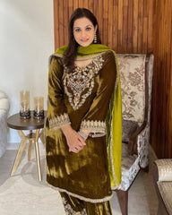 Mehendi Velvet Embroidery Work Pakistani Suit With Dupatta