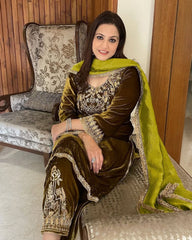 Mehendi Velvet Embroidery Work Pakistani Suit With Dupatta