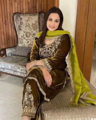 Mehendi Velvet Embroidery Work Pakistani Suit With Dupatta