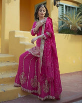 Hot Pink Chinon Silk Embroidery Work Sharara Suit With Dupatta