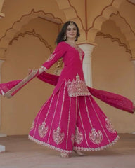 Hot Pink Chinon Silk Embroidery Work Sharara Suit With Dupatta