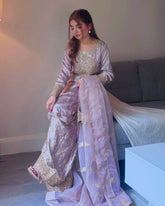 Designer Light Purple Crep Silk Embroidery Work Farshi Suit With Dupatta