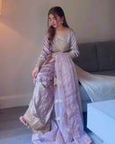 Designer Light Purple Crep Silk Embroidery Work Farshi Suit With Dupatta