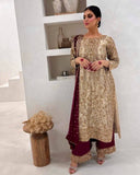 Exclusive Beige Gold Fandy Silk Embroidered Pakistani Suit With Dupatta