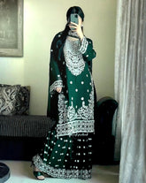 Exclusive Dark Green Georgette Embroidery Work Gharara Suit With Dupatta