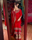 Exclusive Red Georgette Embroidered Pant Suit With Dupatta