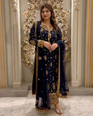 Exclusive Neavy Blue Soft Georgette Sequence Work Pant Suit With Dupatta