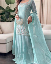 Exclusive Sea Green Georgette Embroidery Work Sharara Suit With Dupatta