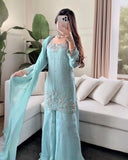 Exclusive Sea Green Georgette Embroidery Work Sharara Suit With Dupatta