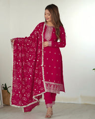 Pink And Purple Pure Silk Sequence Work Pant Suit With Dupatta
