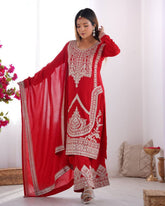 Hot Red Pure Silk Sequence Work Palazo Suit With Dupatta