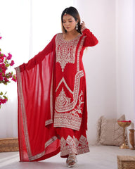 Hot Red Pure Silk Sequence Work Palazo Suit With Dupatta