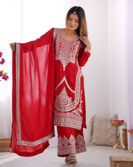 Hot Red Pure Silk Sequence Work Palazo Suit With Dupatta