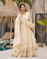 Cream Chinon Silk Thread Work Anarkali Gown With Dupatta