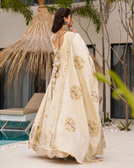 Cream Chinon Silk Thread Work Anarkali Gown With Dupatta