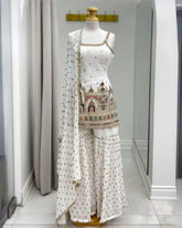 Exclusive White Georgette Embroidered Gharara Suit With Dupatta