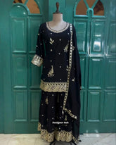 Black & Fanta Chinon Silk Embroidery Work Sharara Suit With Dupatta