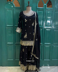Black & Fanta Chinon Silk Embroidery Work Sharara Suit With Dupatta