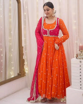 Exclusive Orange & Pink Embroidery Work Anarkali Suit With Koti & Dupatta