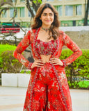 Designer Hot Red Tibby Silk Embroidery Work Palazo-Top With Shrug