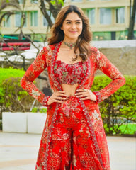 Designer Hot Red Tibby Silk Embroidery Work Palazo-Top With Shrug