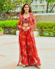 Designer Hot Red Tibby Silk Embroidery Work Palazo-Top With Shrug