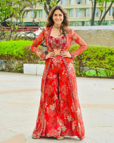 Designer Hot Red Tibby Silk Embroidery Work Palazo-Top With Shrug