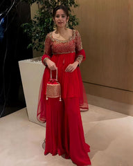 Designer Red Soft Georgette Sequence Work Sharara Suit With Dupatta