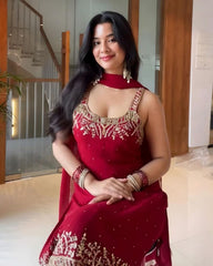 Ready To Wear Red Soft Georgette Sequence Work Gharara Suit With Dupatta