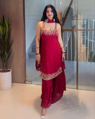 Ready To Wear Red Soft Georgette Sequence Work Gharara Suit With Dupatta