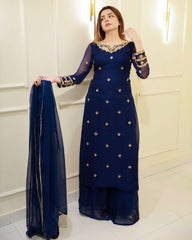 Ready To Wear Neavy Blue Soft Georgette Sequence Work Palazo Suit With Dupatta