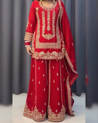 Ready To Wear Red Soft Georgette Sequence Work Sharara Suit With Dupatta