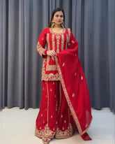 Ready To Wear Red Soft Georgette Sequence Work Sharara Suit With Dupatta