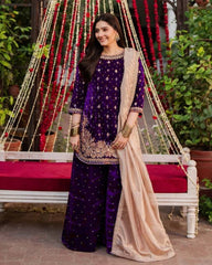 Exclusive Velvet Embroidery Work Palazo Suit With Crep Dupatta