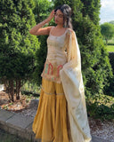 Exclusive Ivory & Yellow Chinon Silk Embroidered Gharara Suit With Dupatta