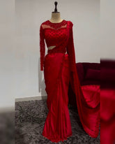 Black & Red Satin Silk Embroidery Work Saree With Blouse