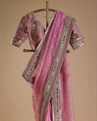 Designer Pink Organza Silk Embroidery Work Saree With Blouse