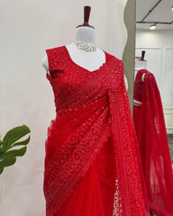 Designer Hot Red Soft Net Sequence Work Saree With Blouse