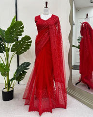 Designer Hot Red Soft Net Sequence Work Saree With Blouse