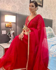 Designer Hot Red Organza Silk Embroidery Work Saree With Blouse