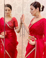 Designer Hot Red Organza Silk Embroidery Work Saree With Blouse