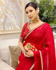Designer Hot Red Organza Silk Embroidery Work Saree With Blouse