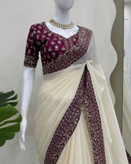 Designer White & Wine Silk Embroidery Work Saree With Blouse