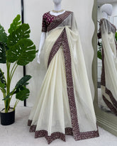 Designer White & Wine Silk Embroidery Work Saree With Blouse