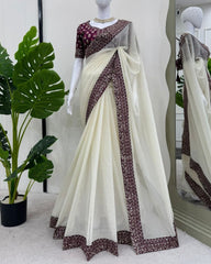 Designer White & Wine Silk Embroidery Work Saree With Blouse