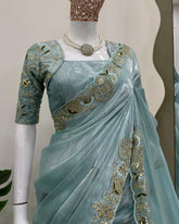 Designer Sea Green Jimmy Silk Embroidery Work Saree With Blouse
