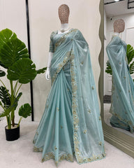 Designer Sea Green Jimmy Silk Embroidery Work Saree With Blouse