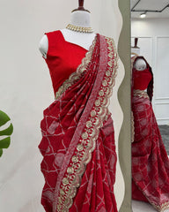 Designer Hot Red Kota Silk Embroidery Work Saree With Blouse