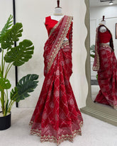 Designer Hot Red Kota Silk Embroidery Work Saree With Blouse