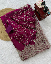 Designer Yellow & Wine Chiffon Silk Embroidery Work Saree With Blouse